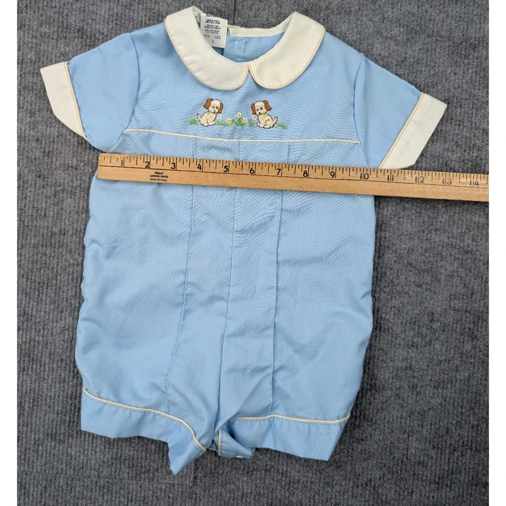 Vintage Baby Romper Boys 1 One Piece Retro Preppy Embroidered Puppy Novelty